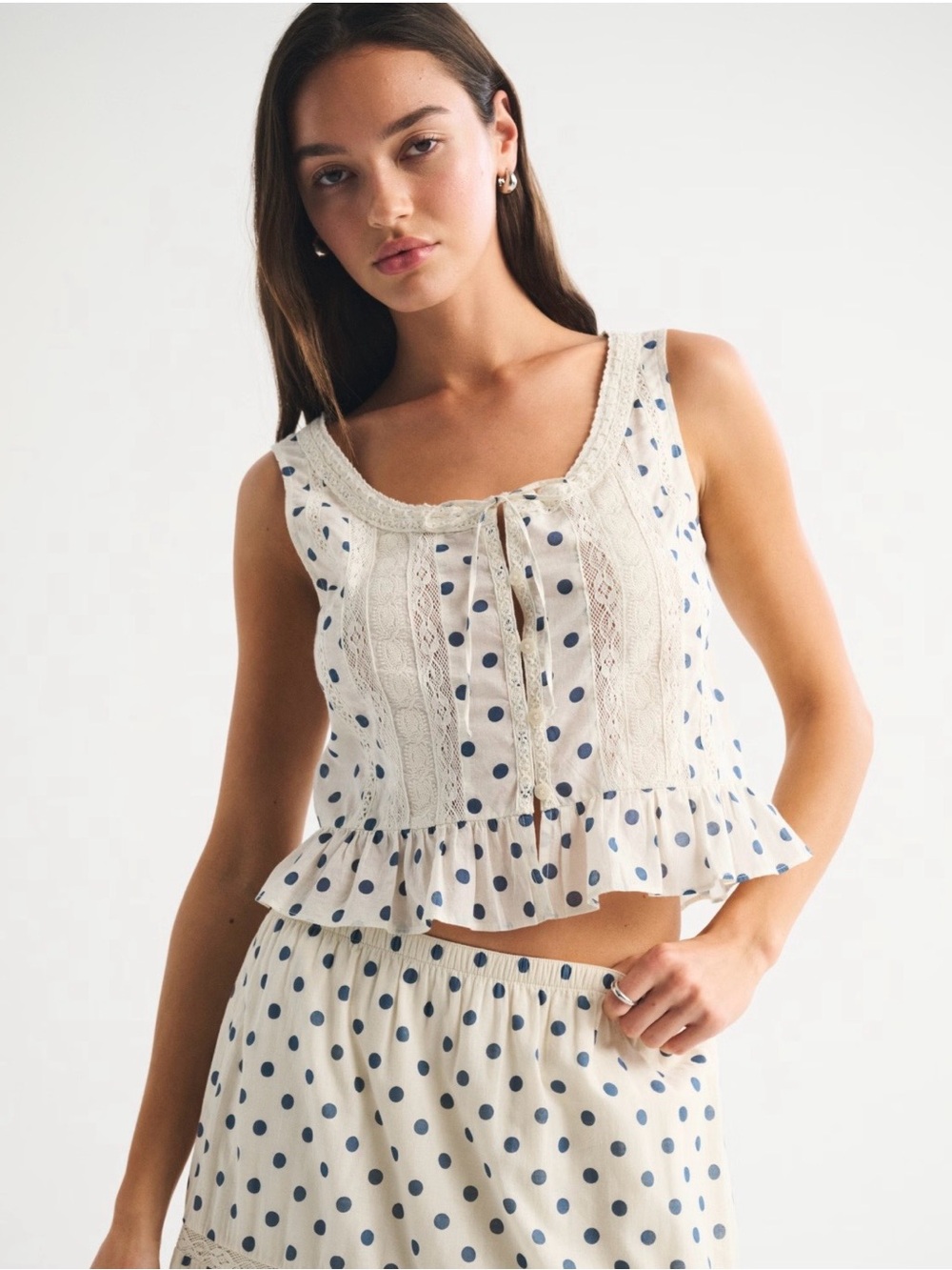 Polka Dot Lace-Trim Sleeveless Crop Top - Ivory & Navy | Abercrombie XS
